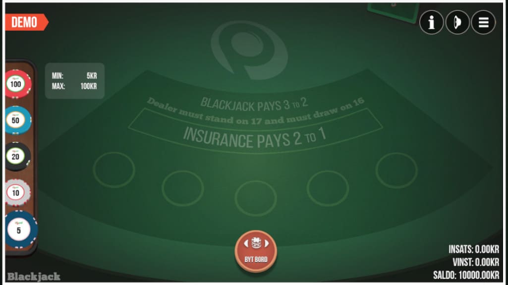 så här ser gratis blackjack ut hos Paf