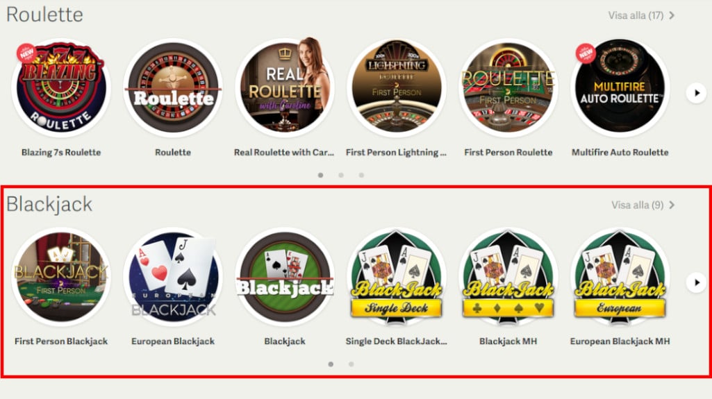 välj mellan olika blackjack-spel hos Paf