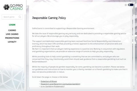GoProCasino Casino ansvarsfullt spelande