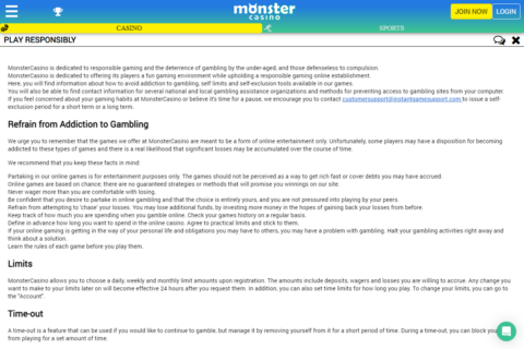 MonsterCasino Casino ansvarsfullt spelande